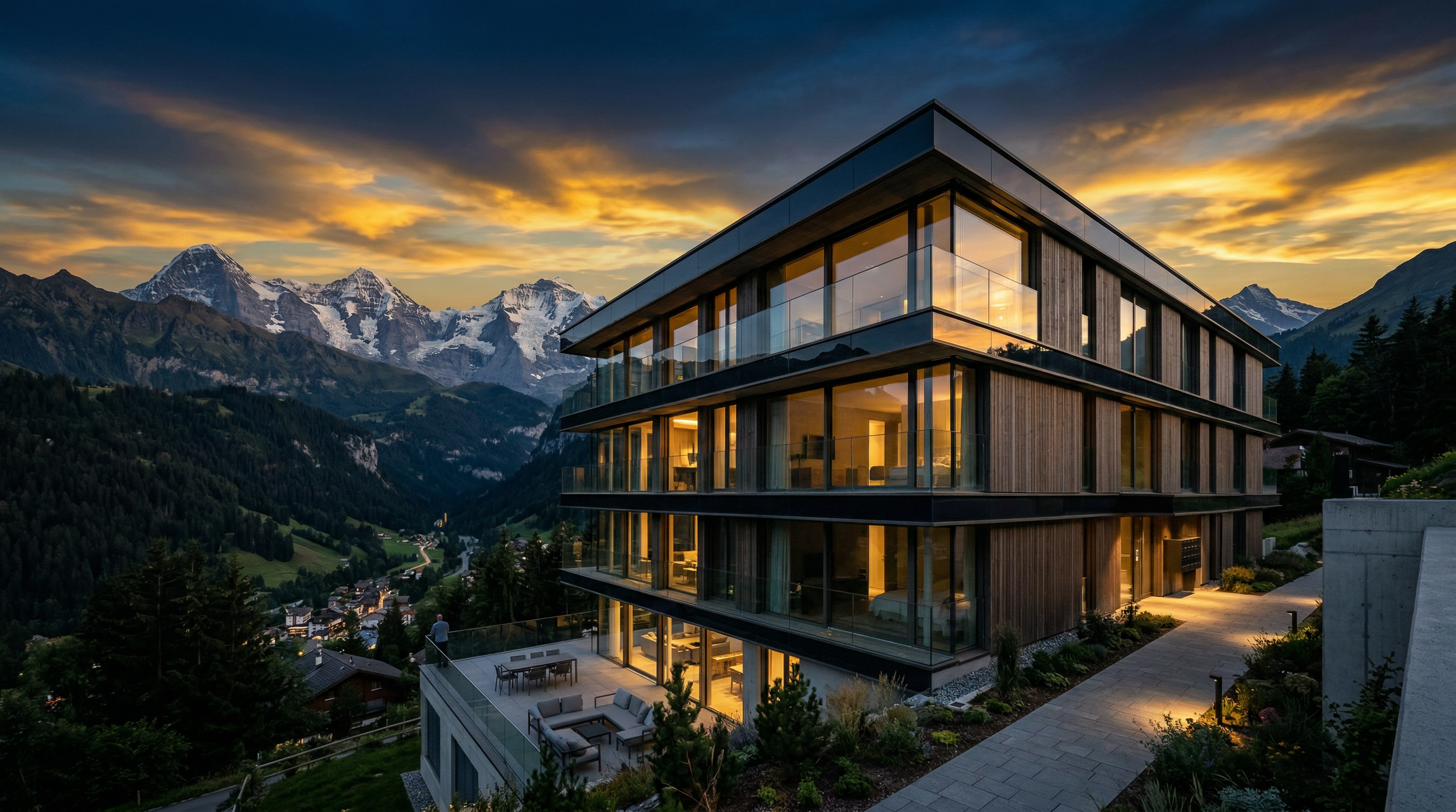 Modernes Gebäude in den Schweizer Alpen bei Sonnenuntergang