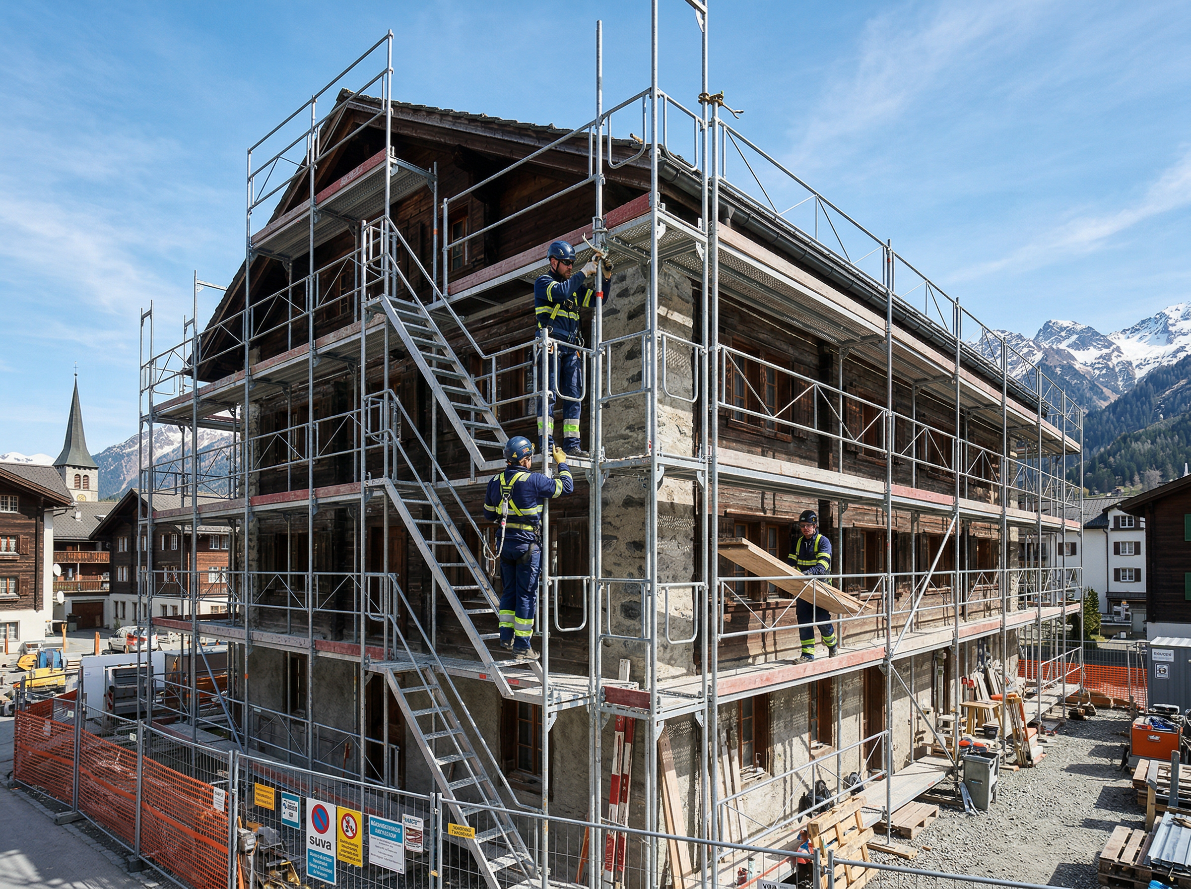 Gerüstbau an einem Schweizer Gebäude